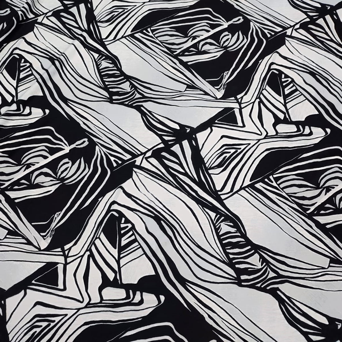 White & Black Flower Print On Crepe Satin CSPS02