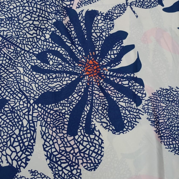 White Base Blue Floral Print On Korean Satin KSPS134