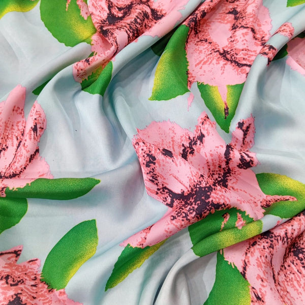 Pink Flower Print On Korean Satin KSPS81