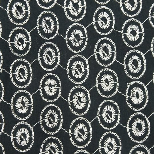 Black Cotton White Dot  Embroidered Fabric