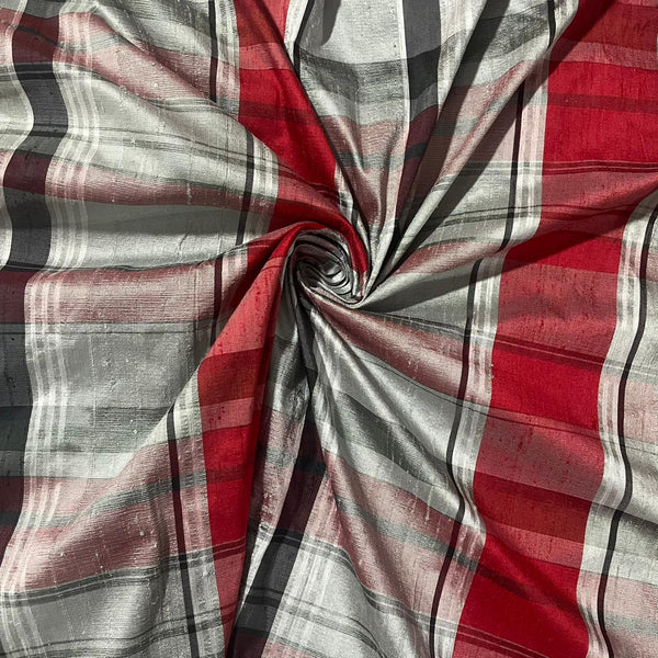 Raw Silk Dupion-Red & White-Check