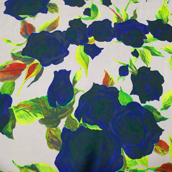 Blue Rose Print On Korean Satin KSPS126