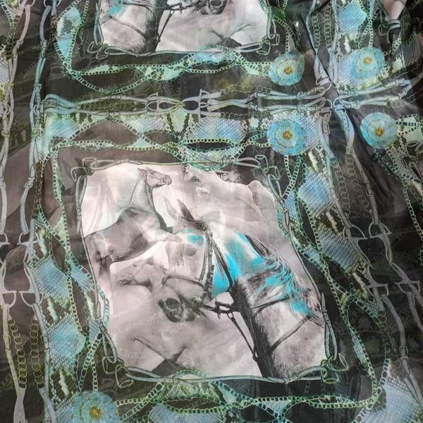 Blue Border Horse Print On Habutai Satin HSPS55