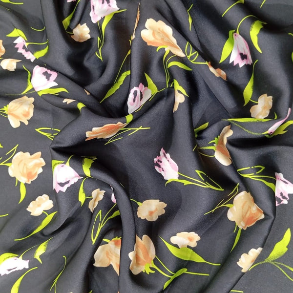 Black Base Flower Print On Habutai Satin HSPS72