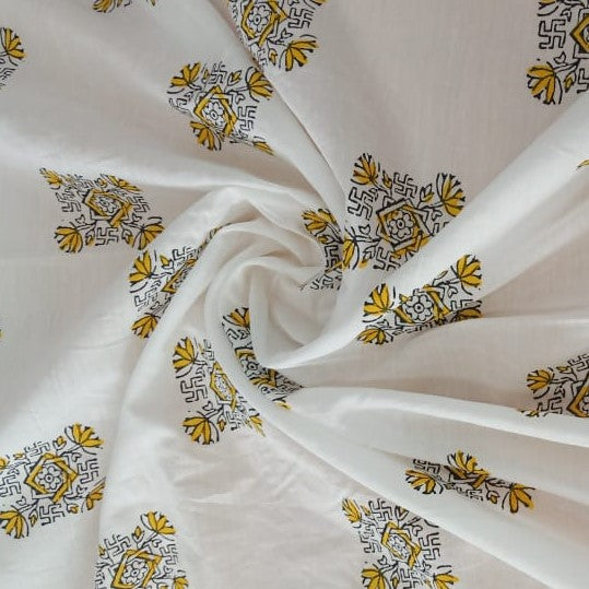 White Cotton Black Ethnic Floral Block Print On Woven Fabric
