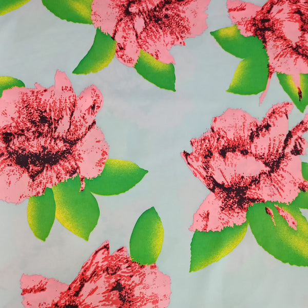 Pink Flower Print On Korean Satin-KSPS90