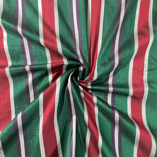 Raw Silk Dupion-Green & Red-Stripes