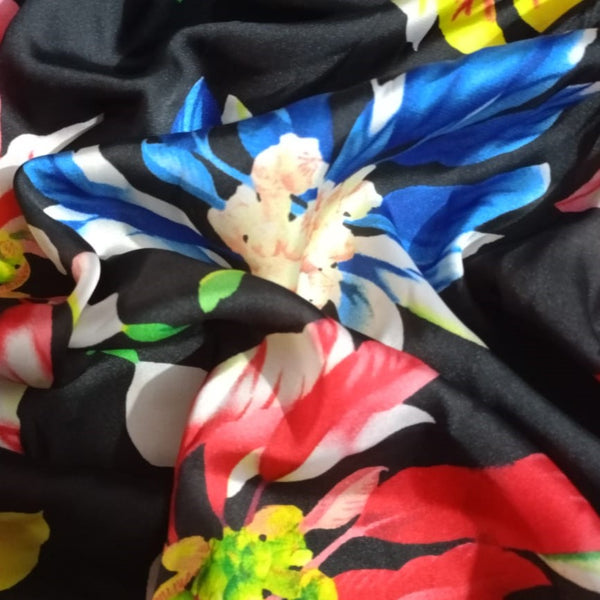 Black Base Flower Print On Korean Satin KSPS41