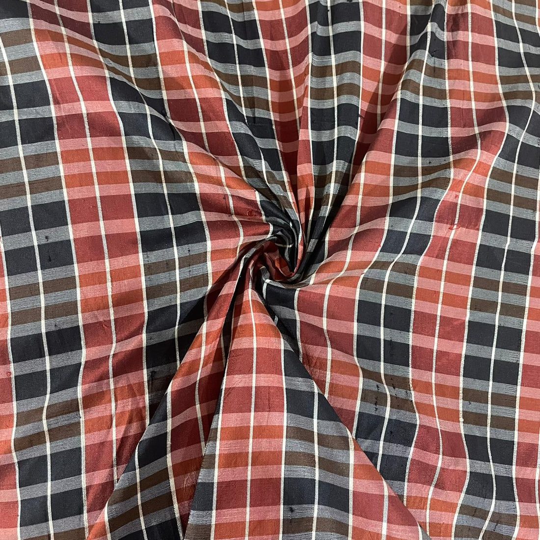 Raw Silk Dupion-Black & White & Red-Check