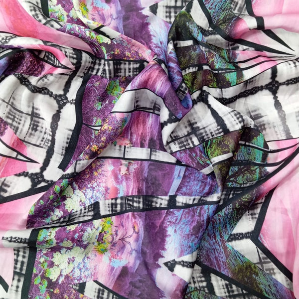 Voilet Mirror Garden Print On Korean Satin KSPS111