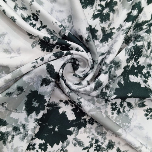 Chrome Satin White Base Black Flower Print Fabric CSPB01