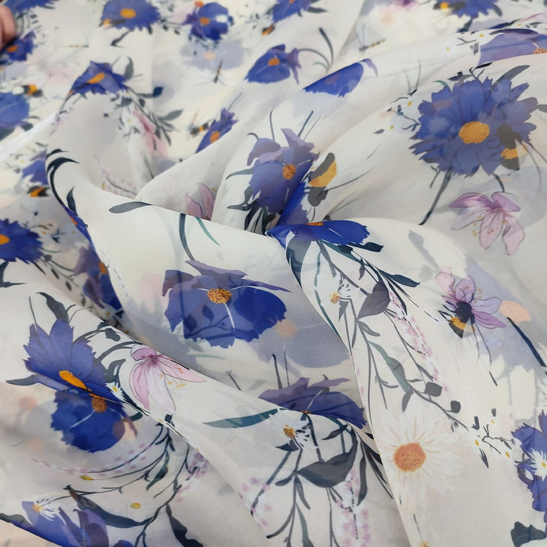 White Base Blue Flower Print On Organza-ORPA52