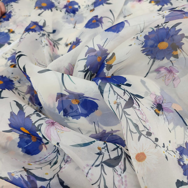 White Base Blue Flower Print On Organza-ORPA52