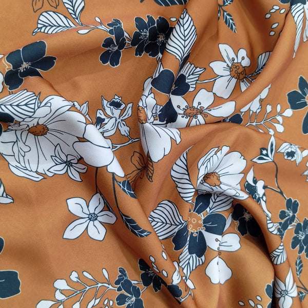 Tan Chrome Satin Floral Print Fabric CSPB09