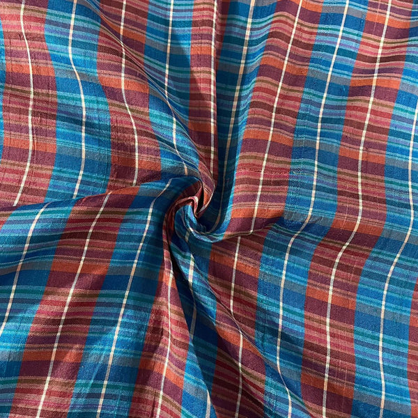 Raw Silk Dupion-Red, White & Blue-Check