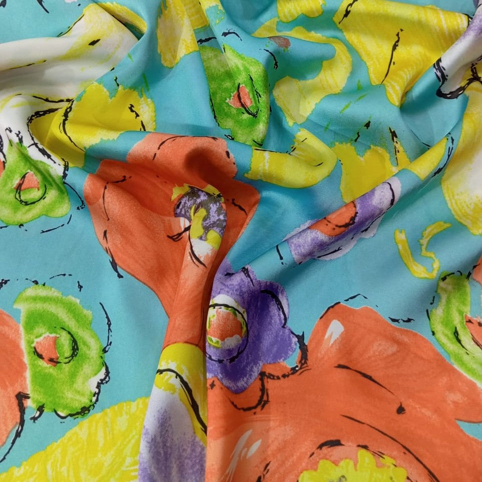 Sky Base Flowers Print On Habutai Satin-HSPS85