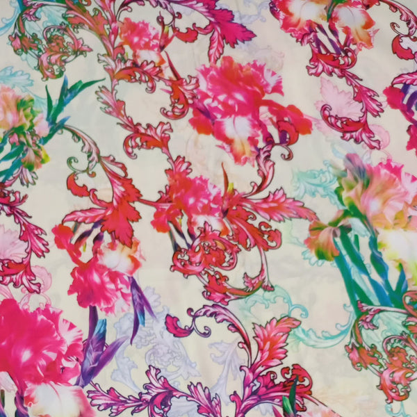 White Base Flower Print On Korean Satin KSPS114
