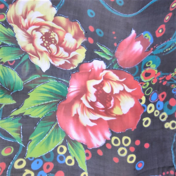 Black Base Roses Print On Silk Chiffon-SCPS228