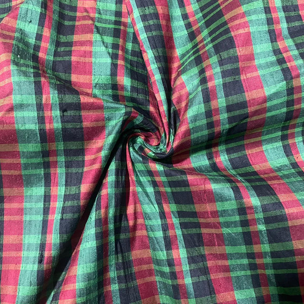 Raw Silk Dupion-Black & Green & Red-Check