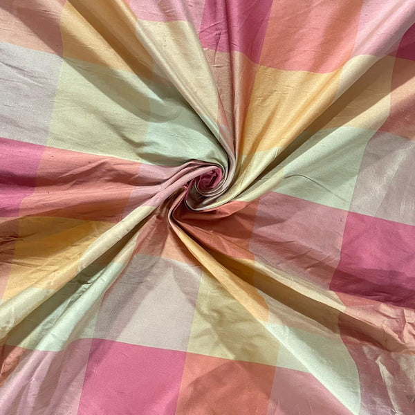 Dupion Silk -Red & Green & Orange-Check