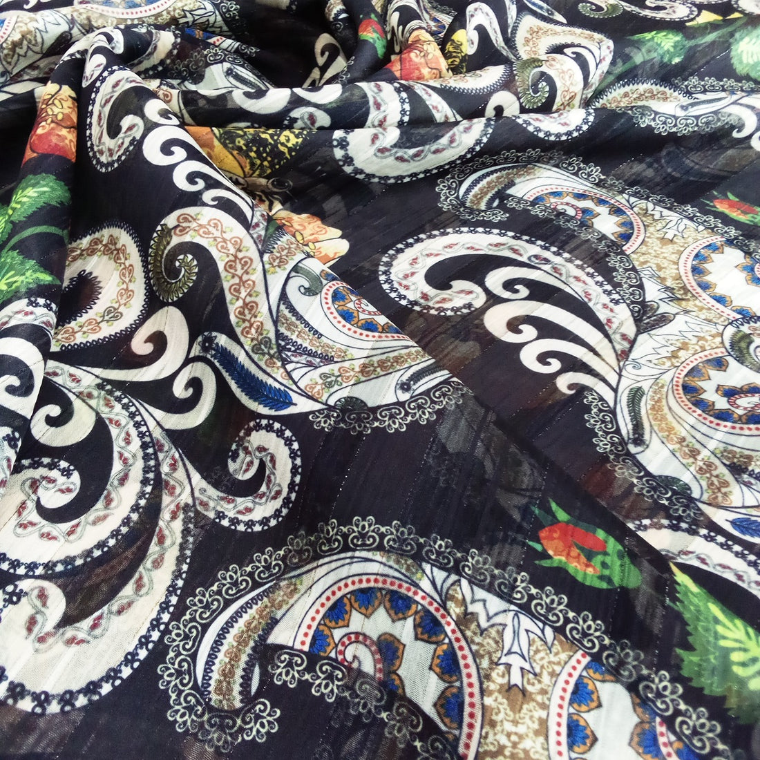 Black Henna Art Print on Chiffon Lurex