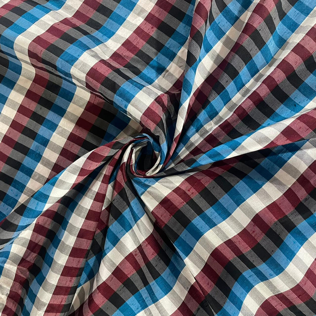 Raw Silk Dupion-Red & white Small-Check