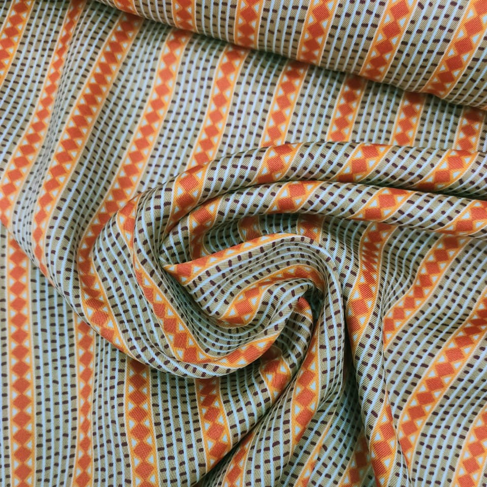 Beige & Orange Ethnic Stripe Print On Twill Satin TSPS08