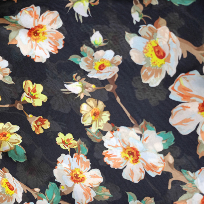 Black Base Flower  Print On Habutai Satin HSPS92