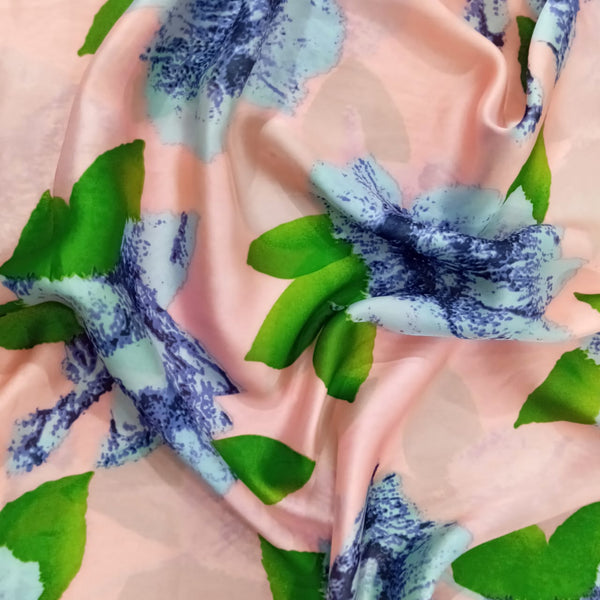 Peach Base Blue Flower Print On Korean Satin KSPS92