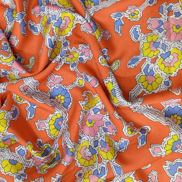 Orange Base Floral Print On Korean Satin KSPB93