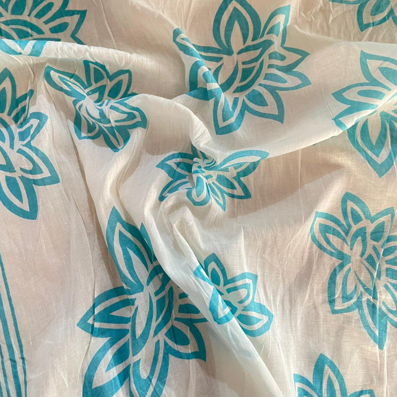 White Base Blue Flower Print on Cotton Fabric OSCP92