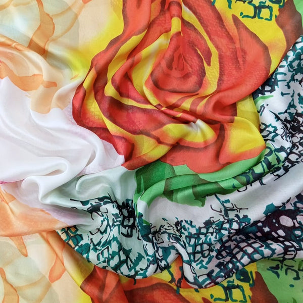 Orange & Red Rose Print On Habutai Satin HSPS22