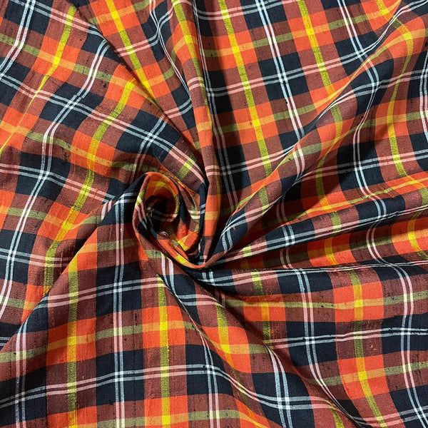 Raw Silk Dupion-Black & White & Orange-Check