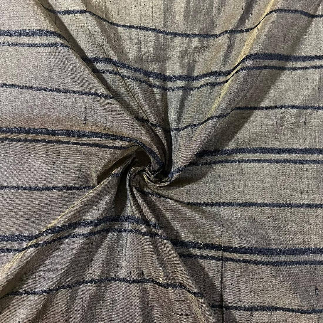 Raw Silk Dupion Olive & Black-Stripes (Handloom)