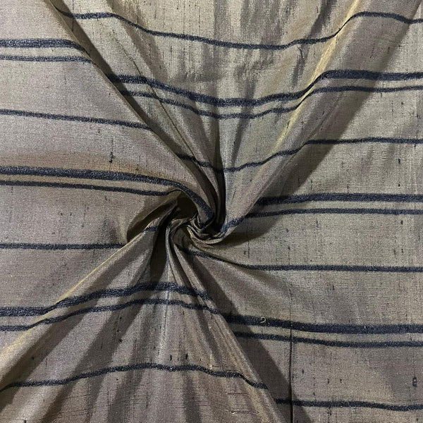 Raw Silk Dupion Olive & Black-Stripes (Handloom)