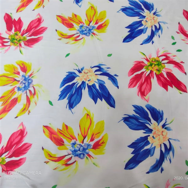 White Base Flowers Print On Korean Satin KSPS115