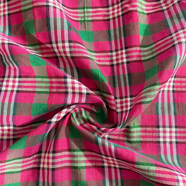 Raw Silk Dupion-Hot Pink & Green-Check