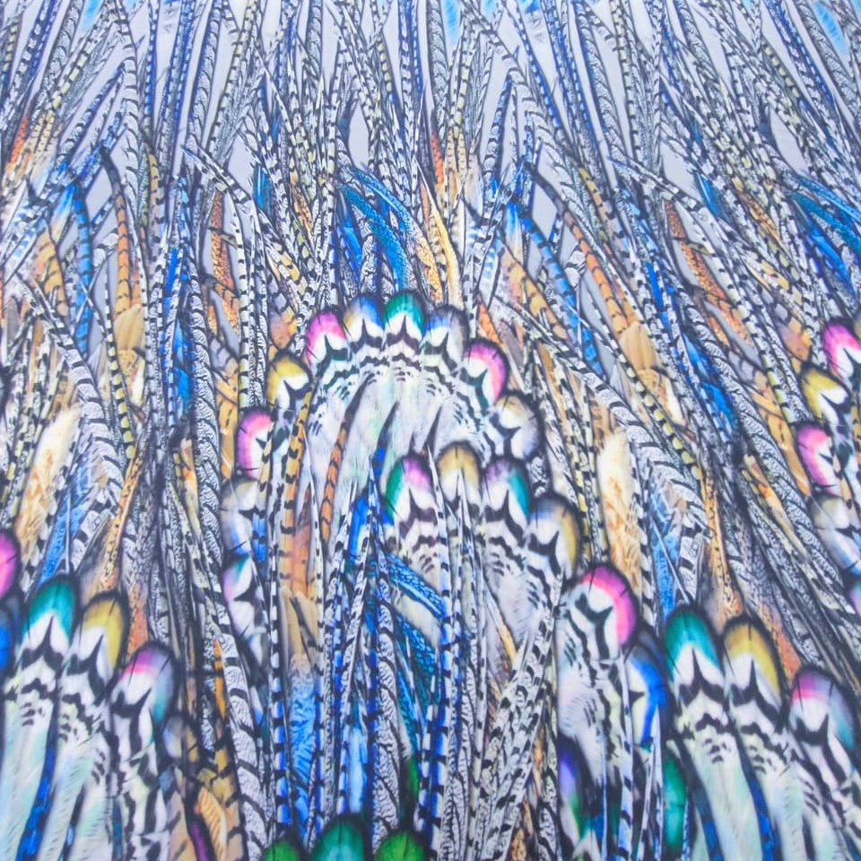 Multi Colour Peacock Far Print On Korean Satin-KSPS76