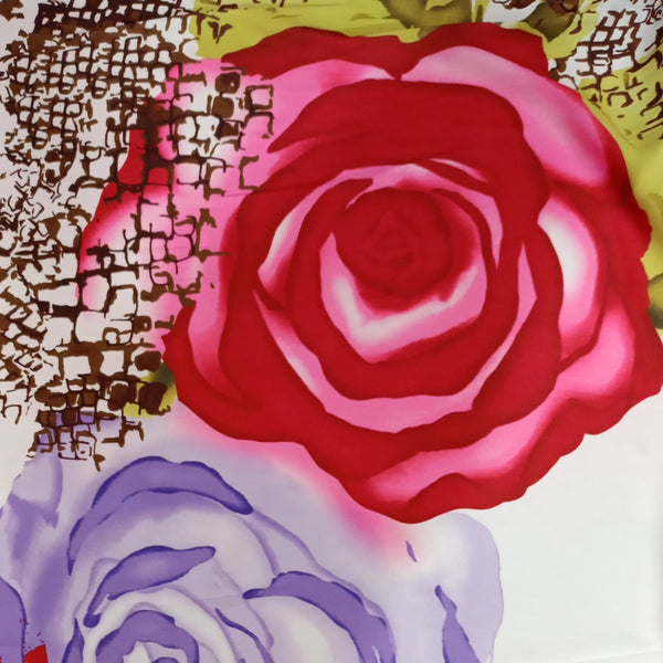 Red & White Rose Print On Korean Satin-KSPS96