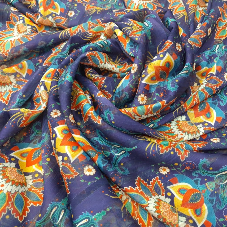 Blooming Lotus Print on Chiffon Lurex