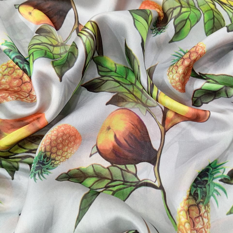 Grey Base Pineapple Print On Korean Satin KSPS101
