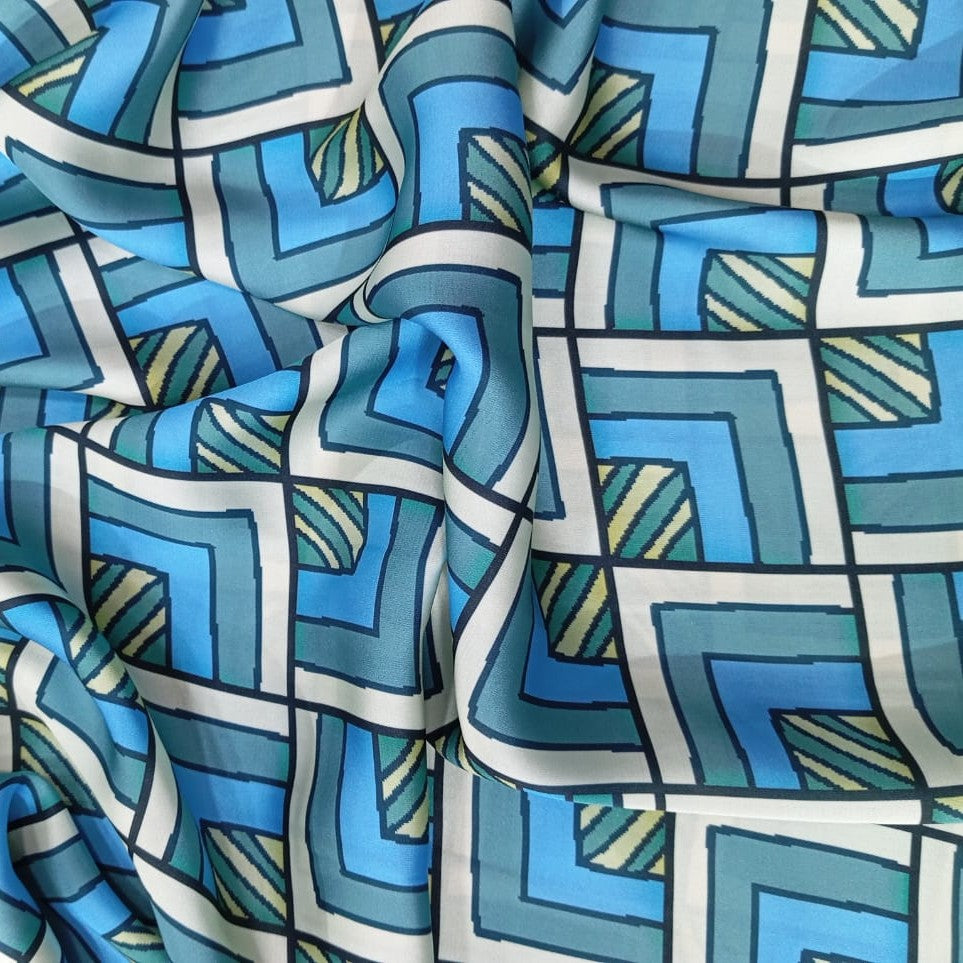 Blue Geometrical Box Print On Korean Satin KSPB70