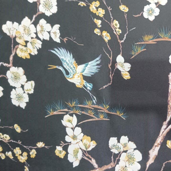 Swan Black Base Print On Korean Satin-KSPS106