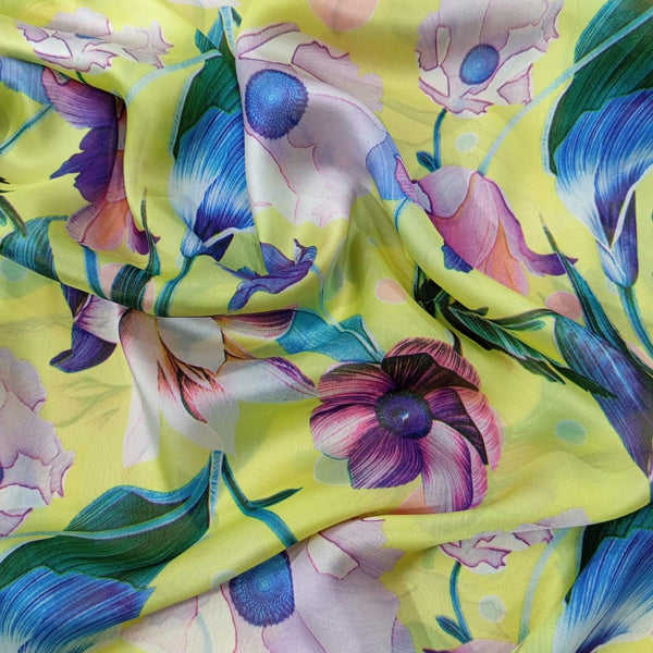 Yellow Base Flowers Print On Habutai Satin HSPS61