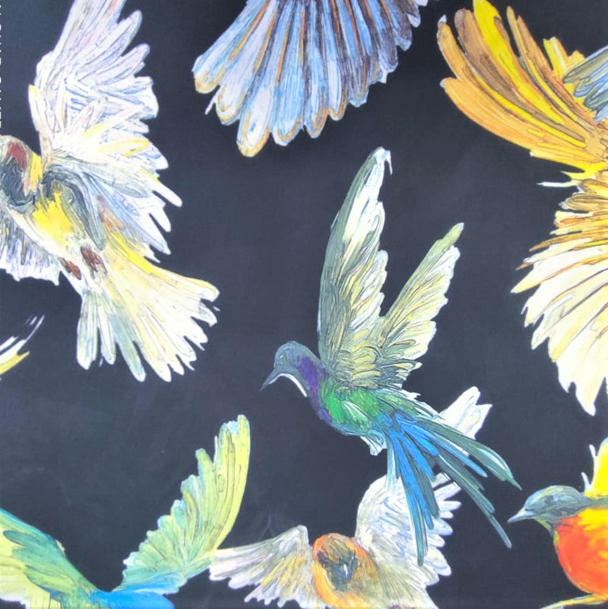 Black Base Birds Print On Korean Satin-KSPS18