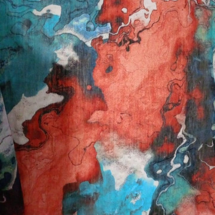 Orange & Blue Abstract Print On French Rayon-FRPS07