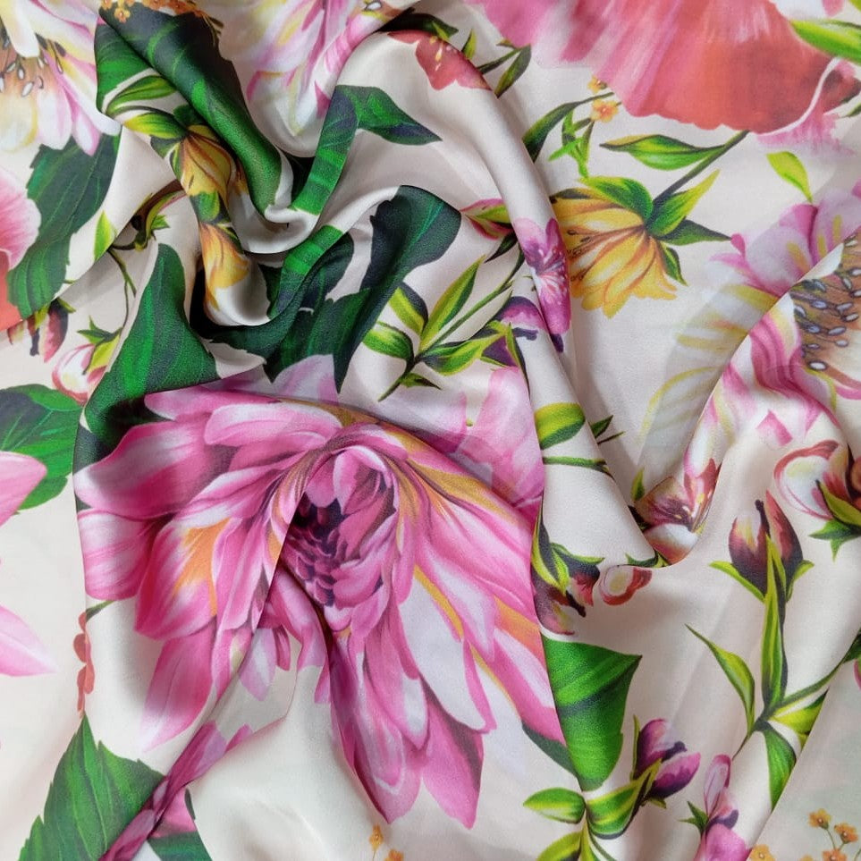 Pink Floral Garden Print On Korean Satin KSPA75