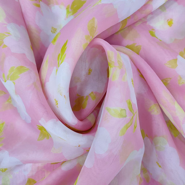 Pink Base White Flower Print On Organza ORPA57