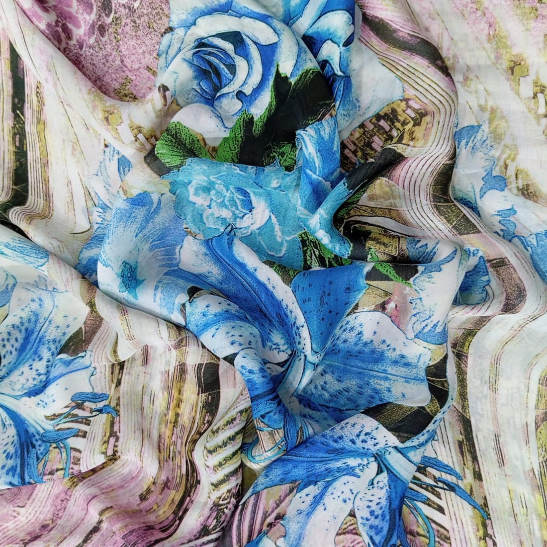 Blue Lilly Flower Print On Habutai Satin HSPS41