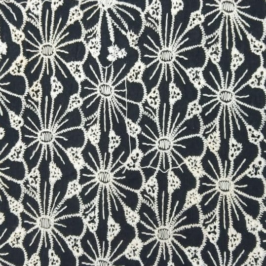 Black Cotton White Flower Embroidered Fabric